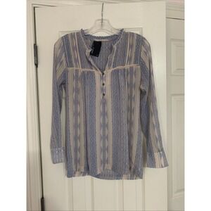 Dolan T-Shirt Anthropologie Women's XS Blue Beige Aztec Sheer Blouse Long Sleeve